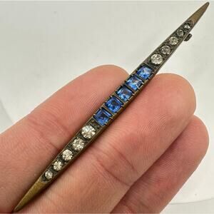 Antique Edwardian Art Deco brass blue glass rhinestones paste brooch bar pin